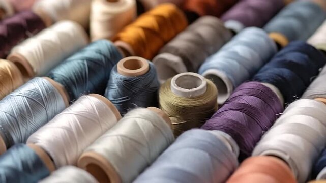 Close-up shot of colorful sewing threads arranged in neat rows, creating a vibrant background.