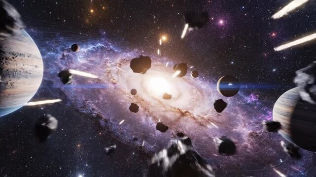 Asteroid field with planets and meteorites in outer space with explosion 4k video