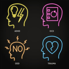 Neurodiversity symbols neon icon set. ADHD, OCD, ODD disorder, mental trauma. Vector illustration