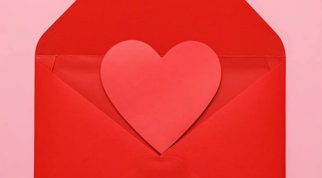 A red envelope with a heart-shaped paper inside on pink background