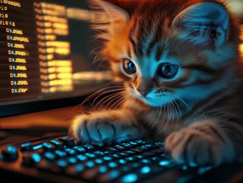 Cute kitten types on a computer keyboard at night with a glowing screen in a cozy room filled with code