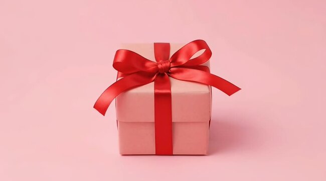 A pink gift box with a red ribbon bow sits on a pink background