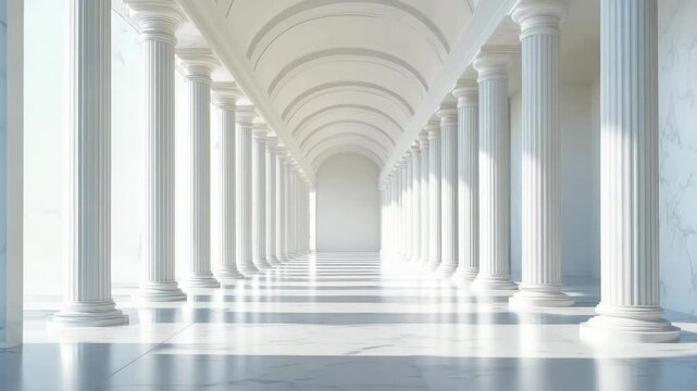Explore a bright hall with tall columns and a reflective floor in this spacious location during the day