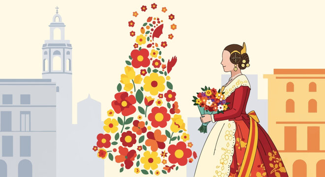 A beautiful flat design illustration showcasing a Fallera in traditional attire making a flower offering during Las Fallas, contributing to the magnificent floral tapestry of the Virgin Mary. 
