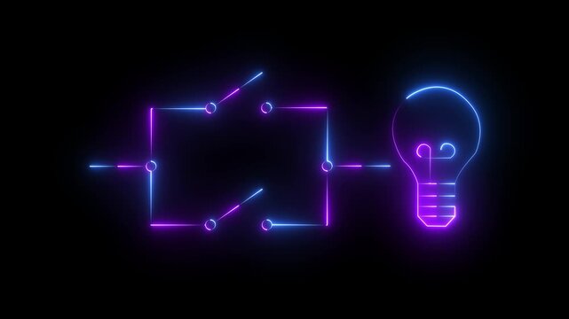 Glowing Neon Circuit Board with Bulb Icon Animation on black background.  Futuristic Tech Idea Concept Digital Innovation Light . 4k motion video animation.