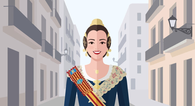 This flat design portrait captures the essence of a Fallera in her exquisite traditional Valencian dress, embodying the vibrant cultural spirit of the Las Fallas festival.