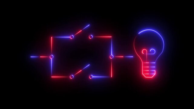Glowing Neon Circuit Board with Bulb Icon Animation on black background.  Futuristic Tech Idea Concept Digital Innovation Light . 4k motion video animation.