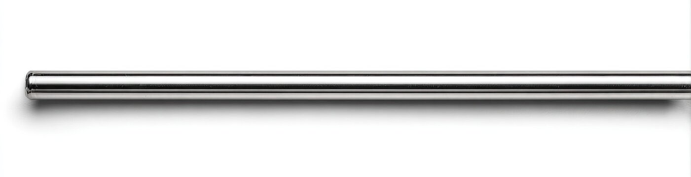 A polished, cylindrical, metallic rod with a rounded end, lying horizontally on a white background
