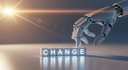 Fototapeta premium The future of technology and progress a robotic hand spells out the word 'change' on glowing blocks, symbolizing transformation and innovation