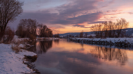 Obraz premium Late winter landscape with melting snow and warm sunset over a calm river