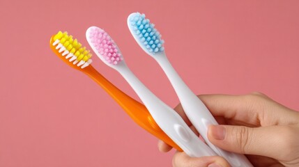 Three toothbrushes are held in a person's hand, with one being yellow