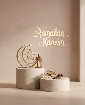 Calm Elegant Ramadan Greeting Scene with Minimal Podiums, Soft Nude Wall and Ground, Modern Islamic Design Elements, Serene Luxury Background for Ramadan Branding and Presentation