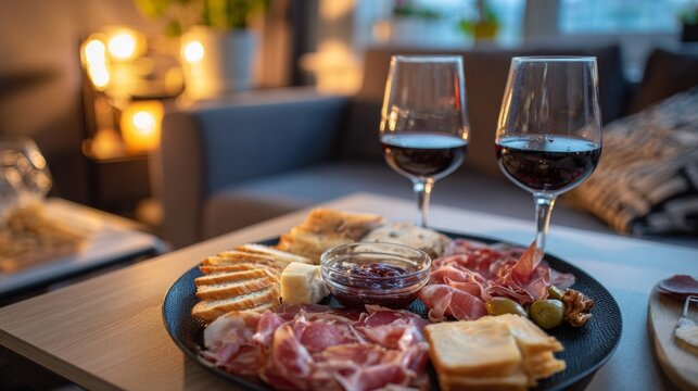 A table with a platter of food and two wine glasses