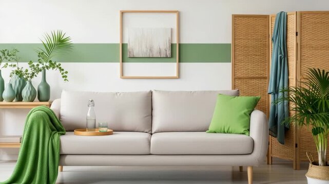 Cozy living room with green accents and a comfortable couch and pillows