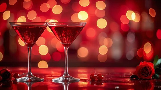 赤いカクテルが並ぶグラスに玉ボケの光が映える華やかな夜景