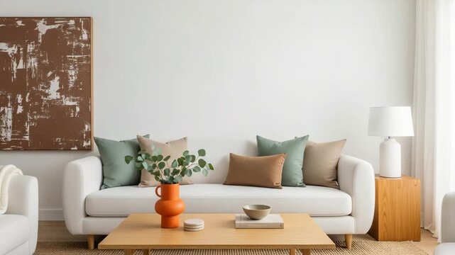 Cozy living room with white sofa and wooden coffee table and brown painting on the wall