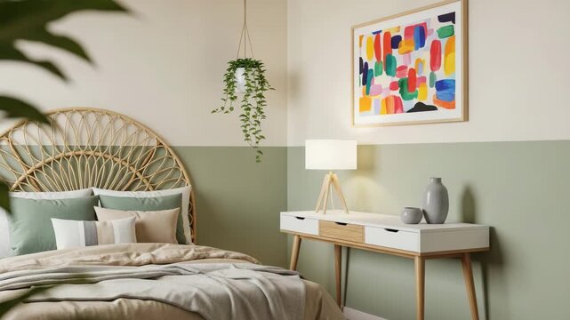 Beautiful bedroom with a wicker headboard and a colorful painting on the wall above a wooden desk