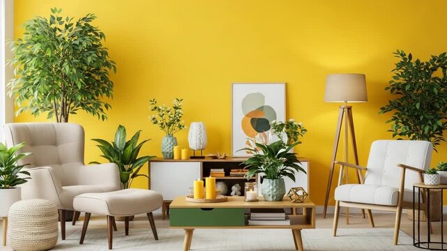 Vibrant yellow living room with plants and wooden furniture