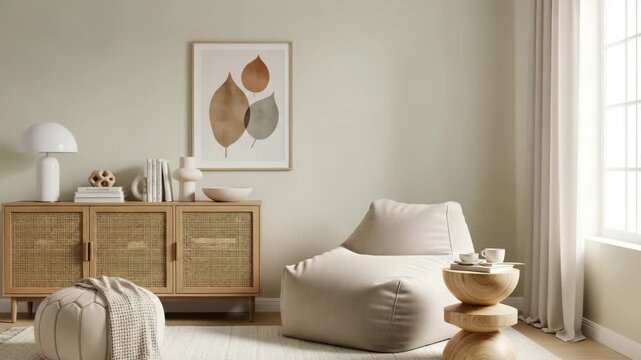 Modern living room with bean bag chair and wooden side table beside a window with white curtains
