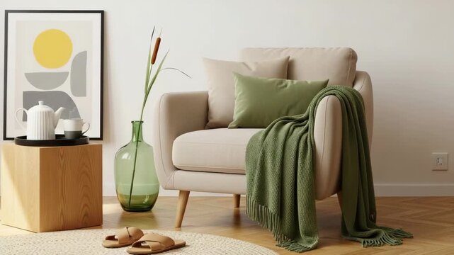 Cozy living room with beige sofa, green throw blanket, and wooden side table with tea set on top, isolated on white background