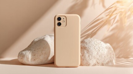 A tan cell phone case sits on a rock