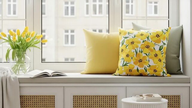 Bright and airy window seat with yellow pillows and flowers