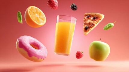 A glass of orange juice is surrounded by a variety of fruits and a donut