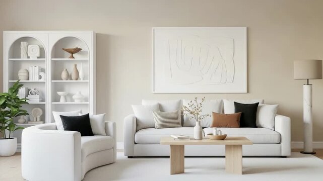Modern living room with white sofa and armchair, wooden coffee table, and decorative painting on the wall in a minimalist beige interior