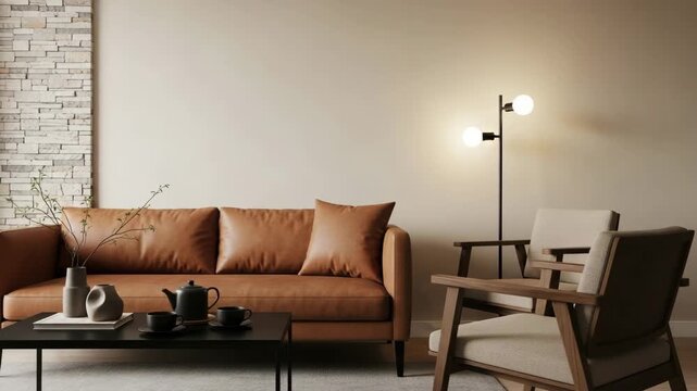 Brown leather sofa with wooden coffee table and chair in a modern living room setting