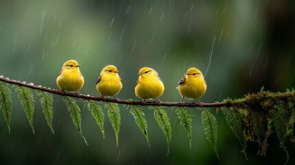 Four yellow birds are perched on a branch in the rain