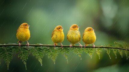 Four birds are sitting on a branch, one of which is yellow