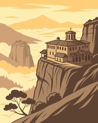 Meteora Monasteries Sunrise &ndash; Sacred Spiritual Vector Landscape of Greece