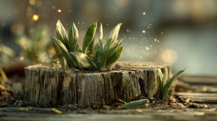 A small plant is growing on a log