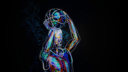 Conceptual 3D illustration of a basketball player taking a shot motion design