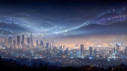 Futuristic City lights under starry night