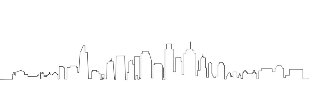 Minimalist line drawing depicting a sprawling urban cityscape silhouette