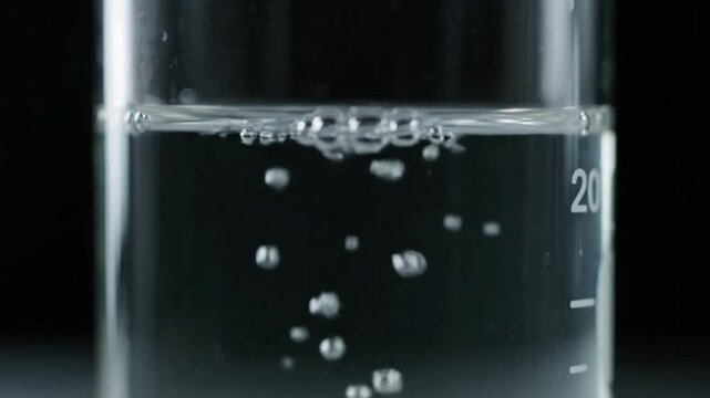 Close-up of air bubbles rising in a glass beaker with water, scientific laboratory research, 4k.
