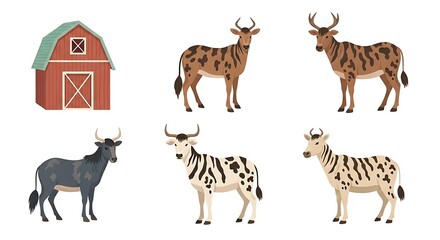 Fototapeta premium Red Barn with Cattle and Zebu Standing on White Background