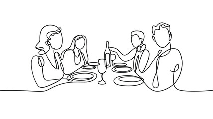 Continuous line drawing depicting a family gathered around a dining table