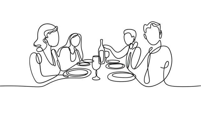 Continuous line drawing depicting a family gathered around a dining table