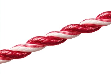 Close-up of a diagonal, twisted rope with alternating red and white strands, isolated