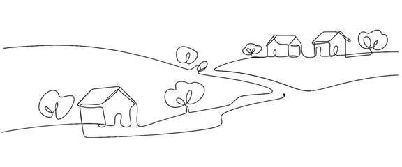 Simple one line drawing depicts a rural landscape with houses and trees