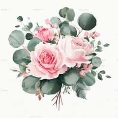 Watercolor painting of a blush-toned rose bouquet with eucalyptus leaves