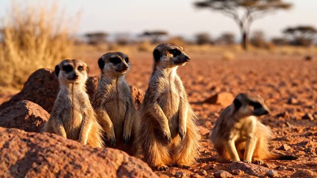 Three meerkats standing upright on red desert soil, looking alert with savannah background, daytime