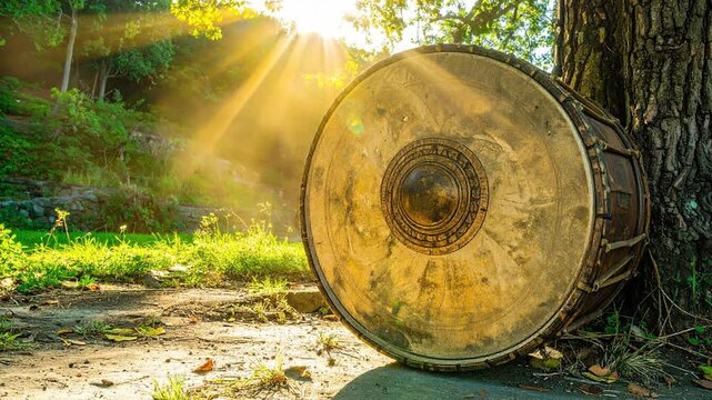 A large, weathered drum rests against a tree in a sunlit, natural outdoor setting.