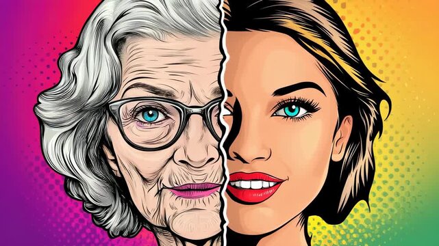 Transformation of age from young to old in a creative illustration showing beauty and time through art