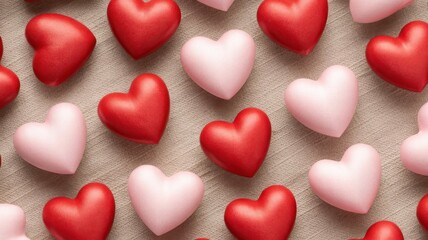 Fototapeta premium Red and Pink Hearts Scattered on Linen Fabric for Decorative Purposes on a Flat Surface