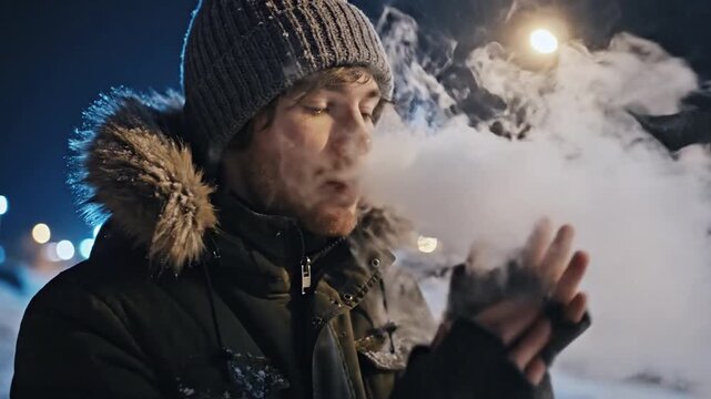 Atmospheric cinematic capture of a male youth outside in freezing winter darkness rubbing palm for warmth while visible breath vapor escapes into the chilly midnight air during dusk.