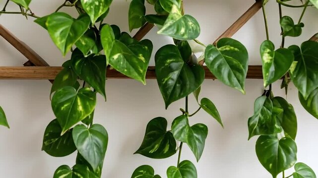 Lush green heart-shaped leaves of a climbing plant cascade down a wooden trellis against a white background.