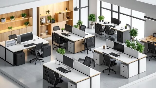 Isometric view of a modern office space with desks, computers, and plants, showcasing a contemporary workspace.
